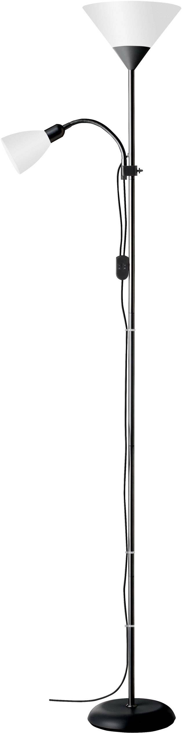 Floor lamp with two white shades and a black metallic stand. One shade is adjustably positioned. Power cable runs along the stand.