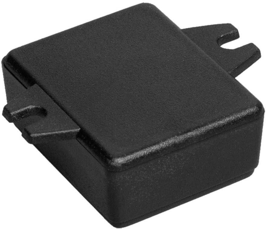 A rectangular black plastic enclosure, possibly part of an electronic device, with two side mounting tabs.