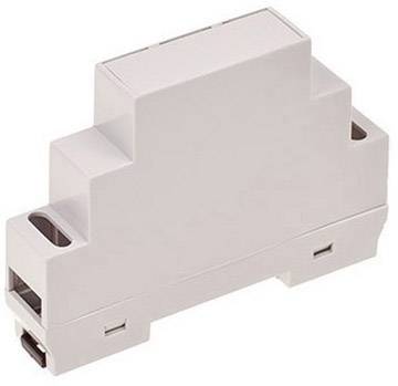 A rectangular, grey plastic enclosure used for mounting on a DIN rail in electrical installations.