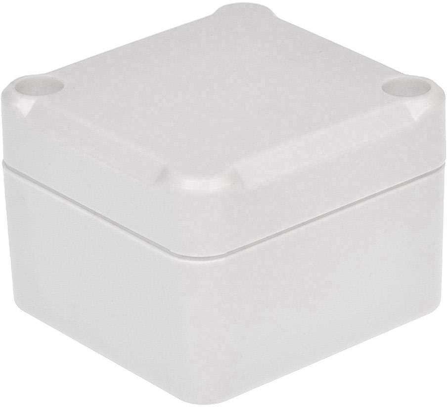 A small, square, grey plastic box with rounded corners, standing on a white surface.