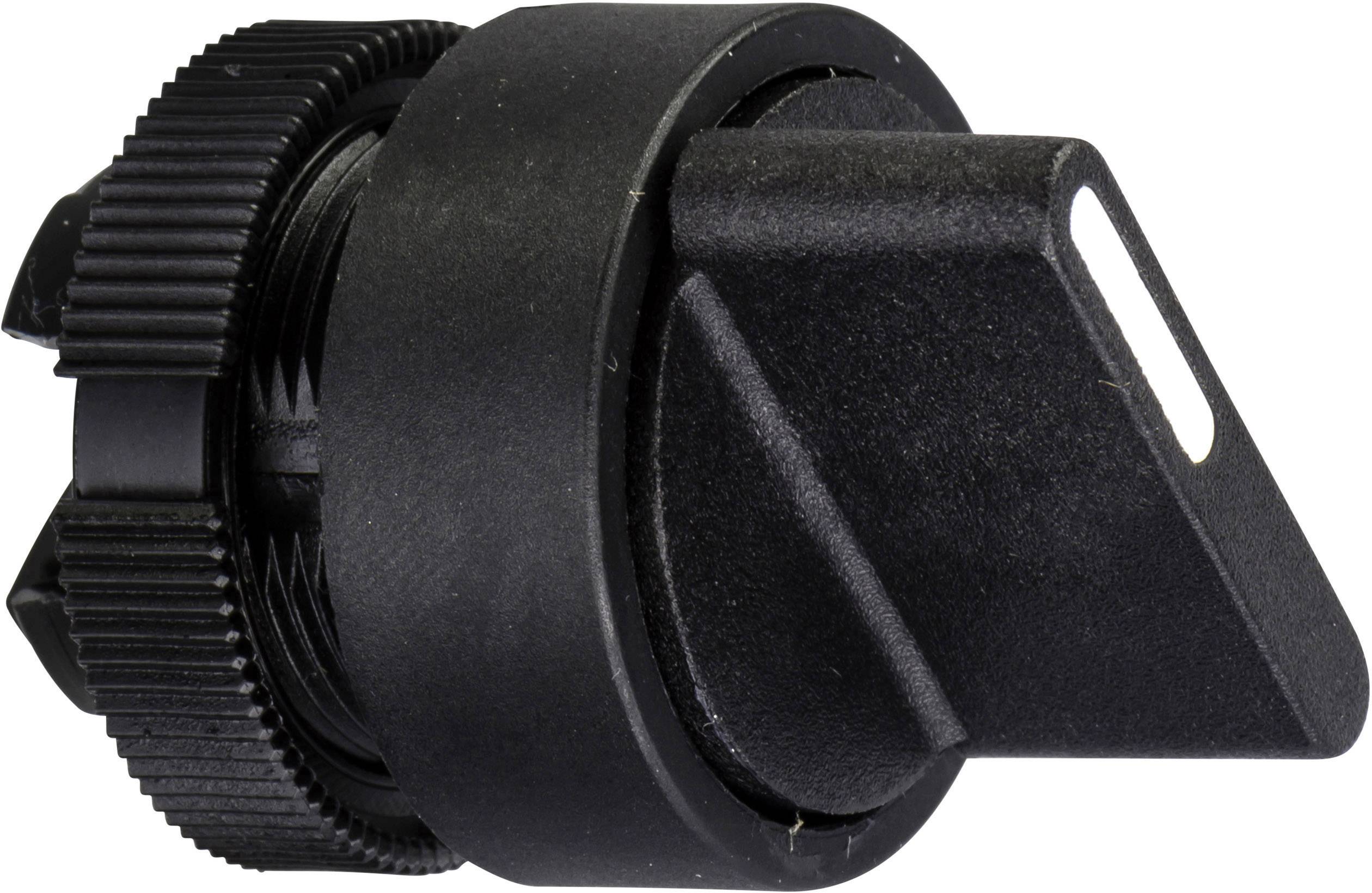 A black rotary switch in close-up, used for electronic devices.