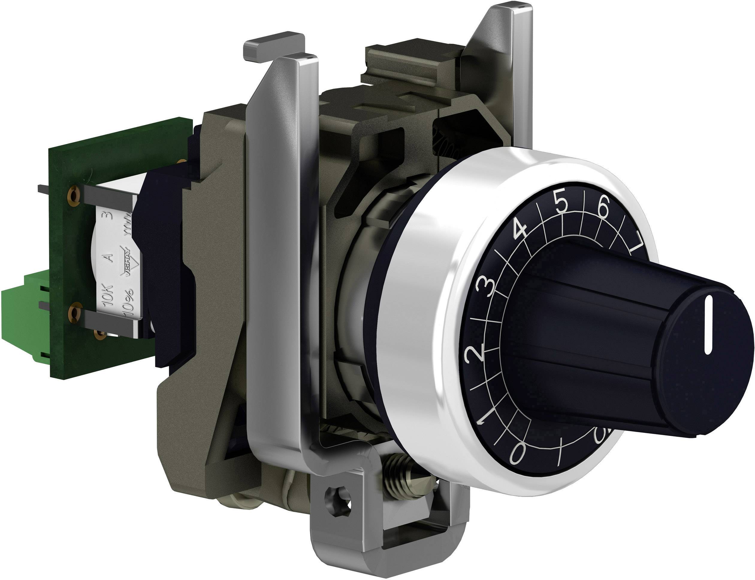 A black rotary switch with numbering from 0 to 9, mounted on an electronic module, likely used for device control.