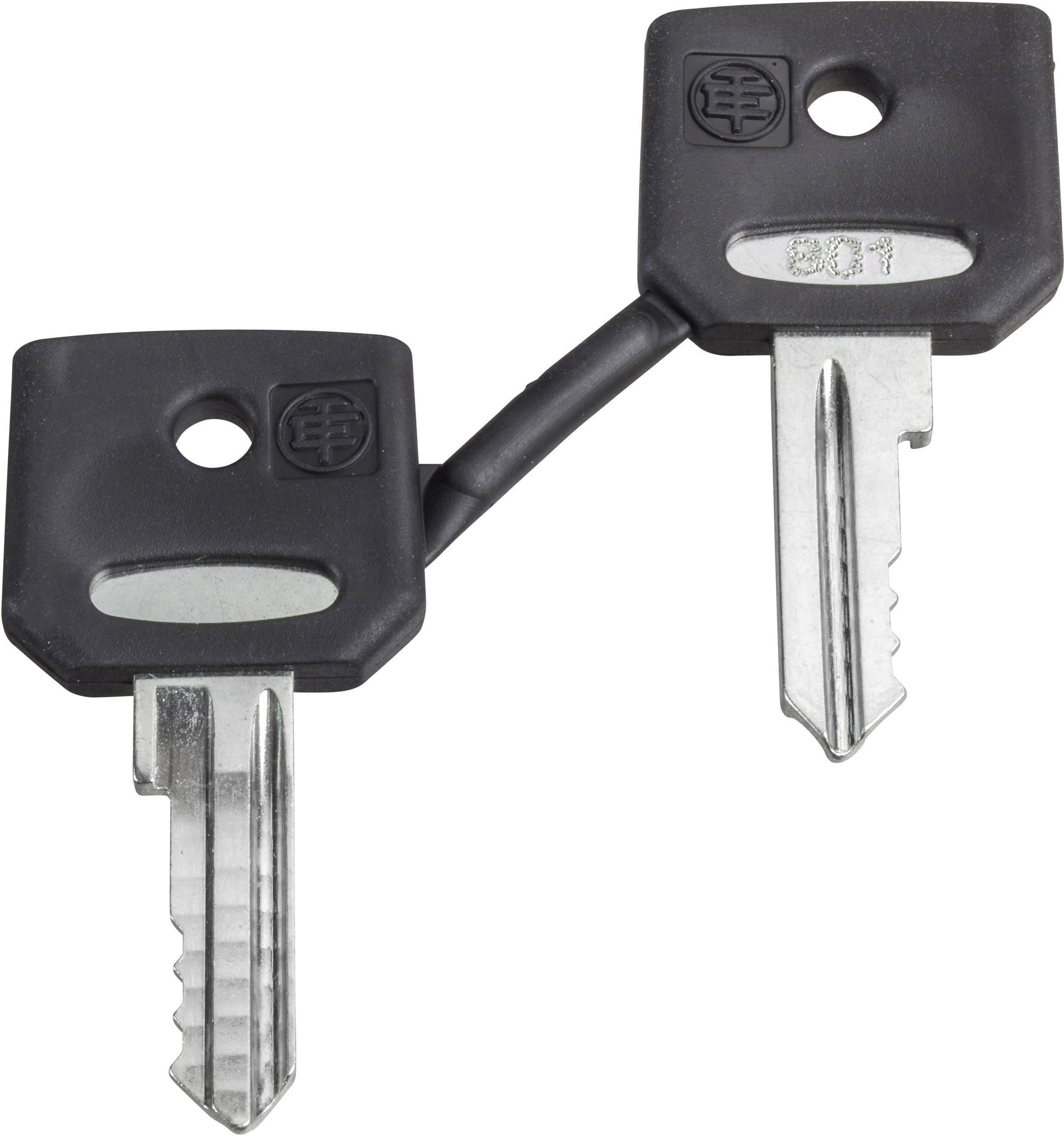 Two black security keys with metal blades, connected by a short cable.