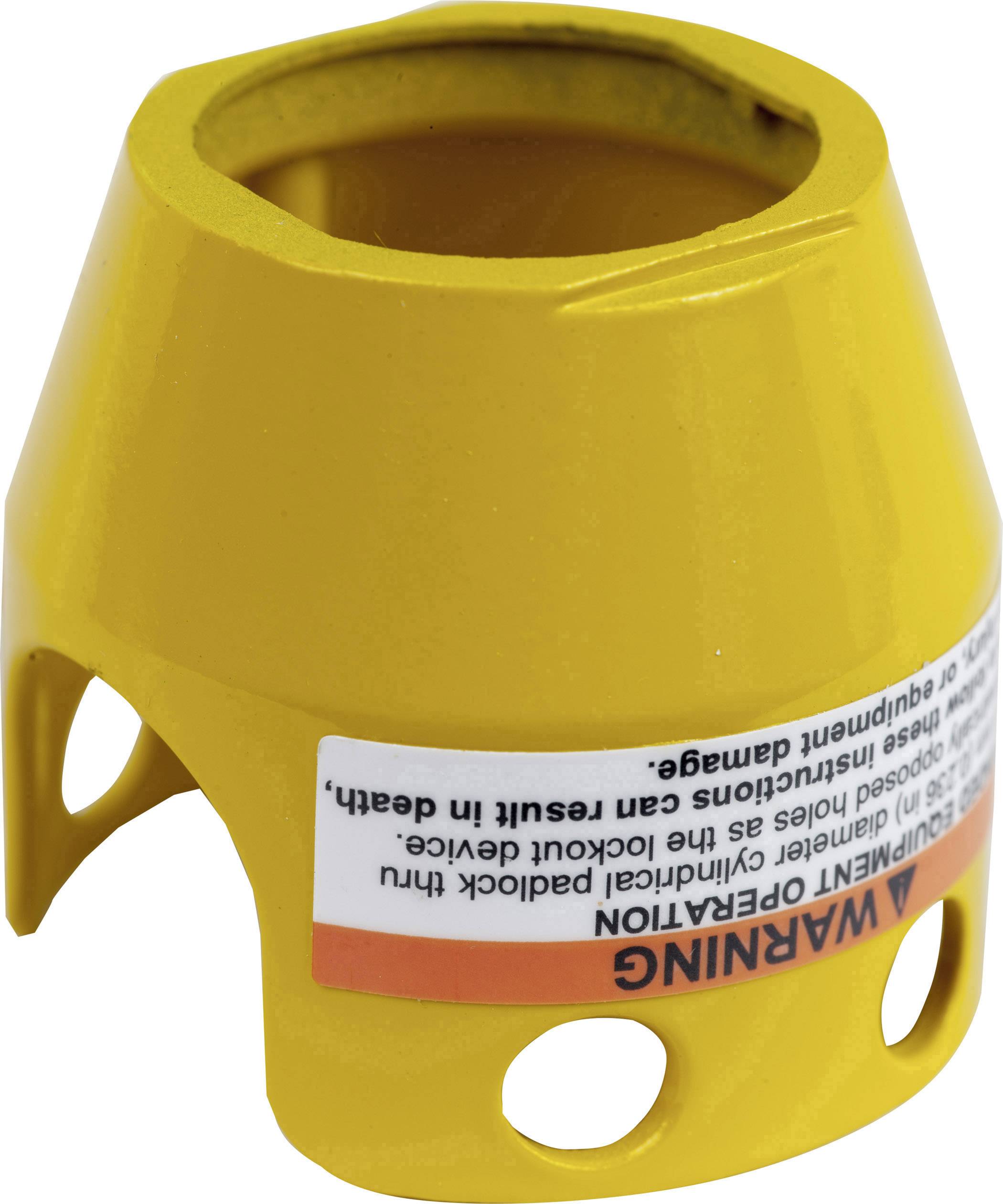 Yellow metal part with multiple holes and a warning sticker on the side.