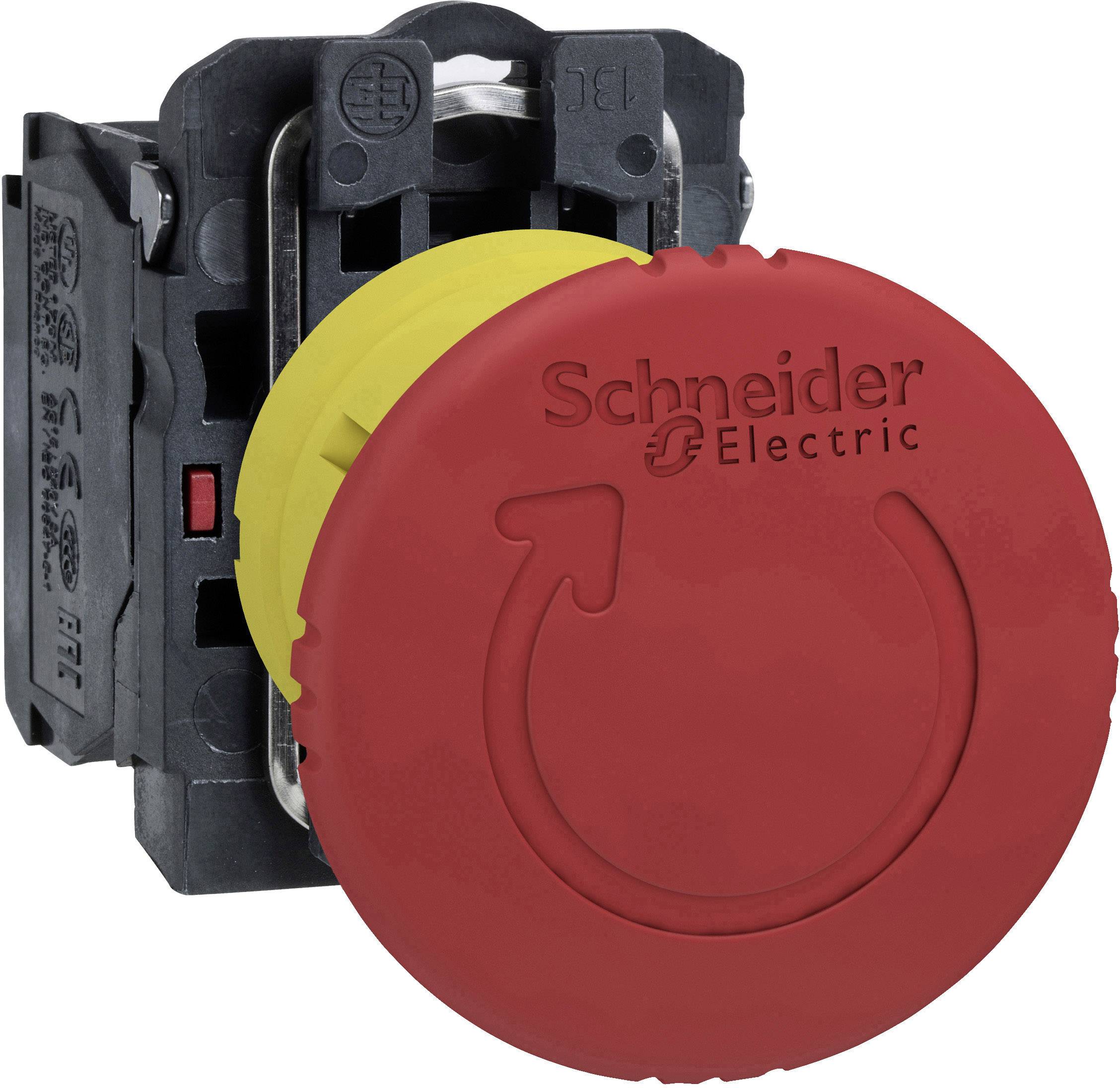 A large red emergency stop switch by Schneider Electric, with a circular arrow symbol, mounted on a black base.
