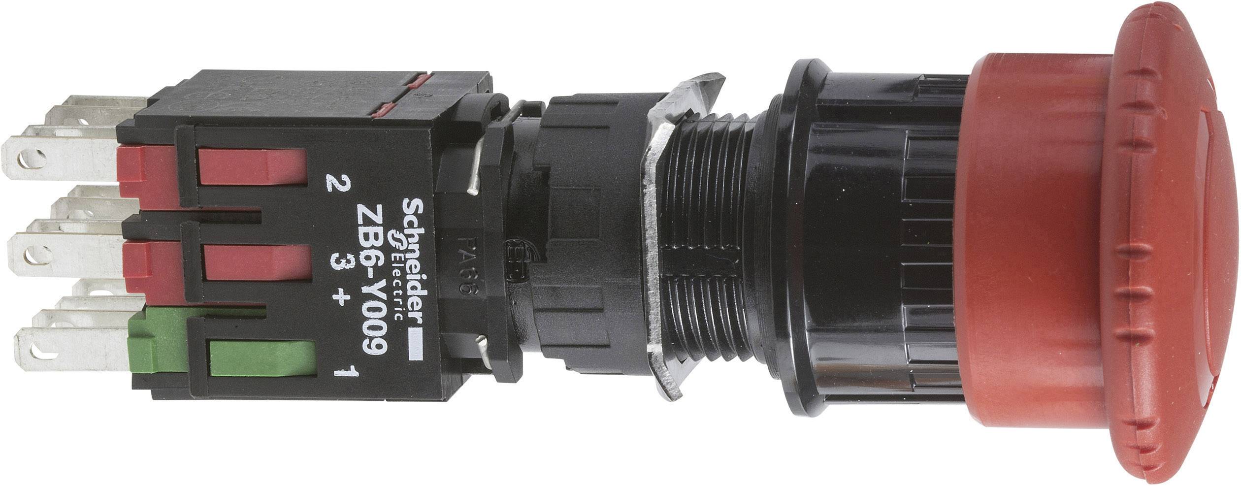 A red emergency stop switch from Schneider Electric with multiple electrical connections on the back, for safety shutdown.