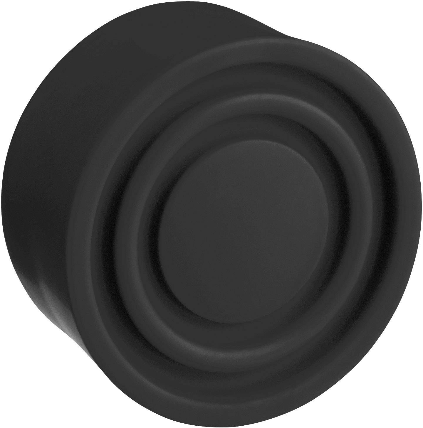 A round, black knob with a smooth surface and concentric circles, suitable for furniture or doors.