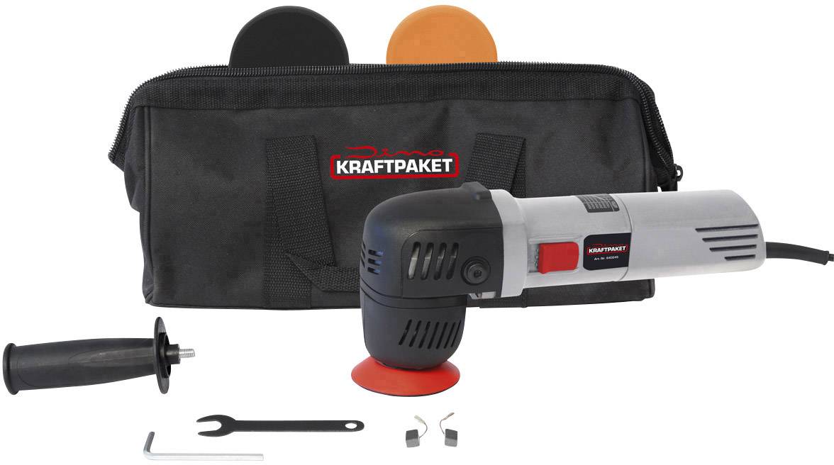 Grinding machine with carry case, auxiliary handle, two grinding discs and tools. 'Kraftpaket' brand visible on bag and equipment.