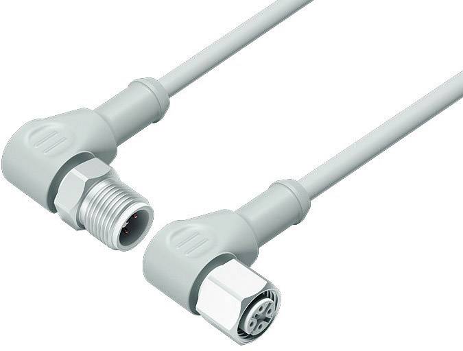 Grey cable with two connectors, one straight and one angled, suitable for industrial applications.