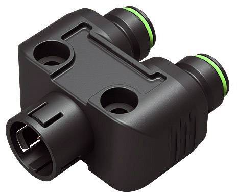Black plastic connector with two green sealing rings, likely for pipes or cables, lateral connection visible.