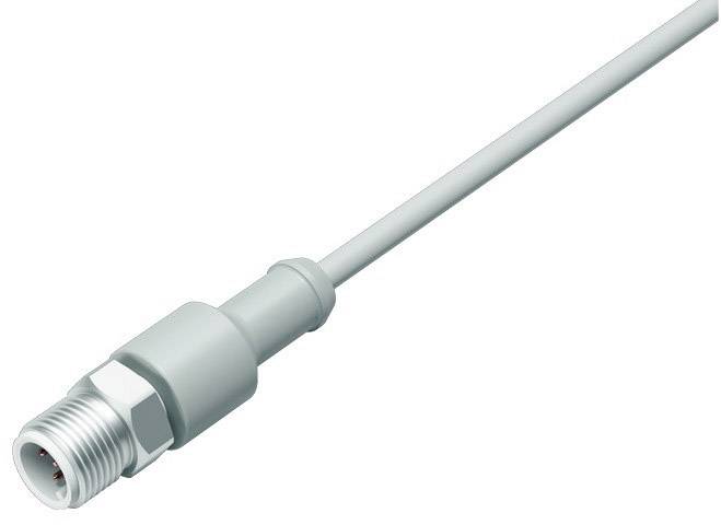 Grey connecting cable with a round, metallic plug and plastic sheathing; used for electrical connection.