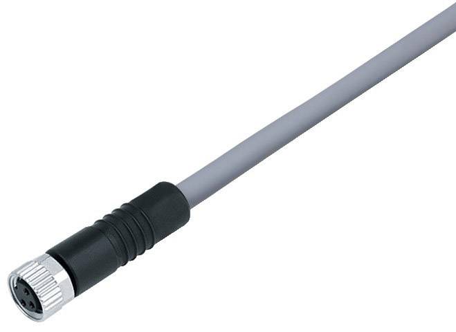 A grey cable with a black and silver plug at one end. The plug has a round shape and multiple pins.