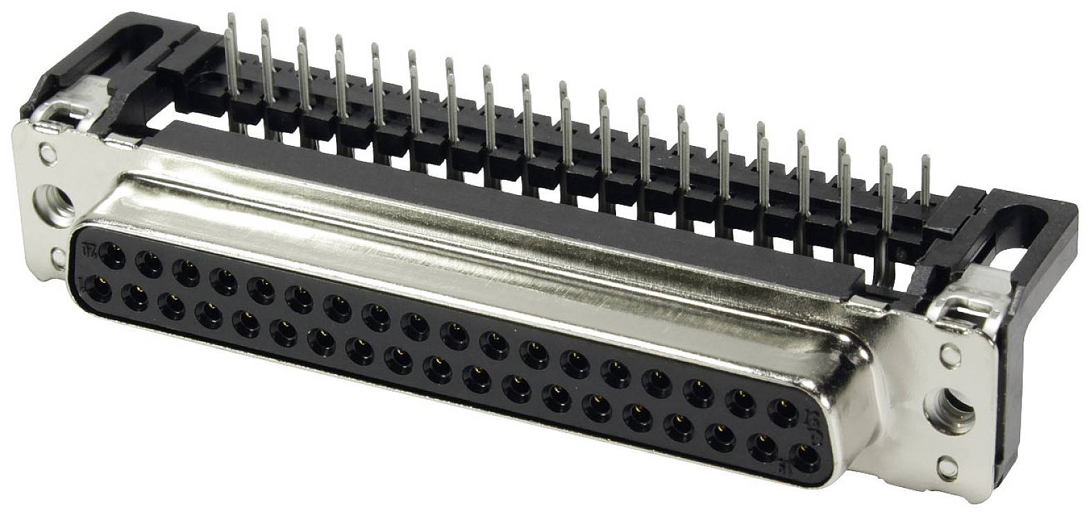 Metal connector with 36 round pin terminals in two rows, black and silver housing.