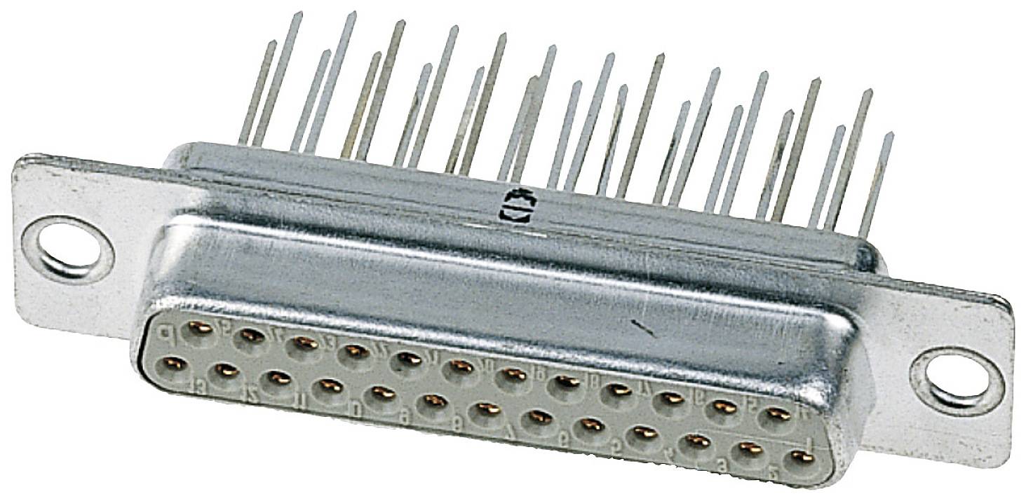 A silver D-sub plug with a row of metal pins.