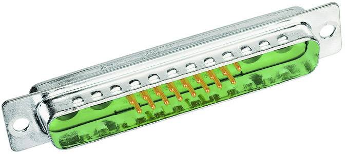 Metallic, rectangular connector plug with a green, transparent plastic cover and multiple gold-plated pins.