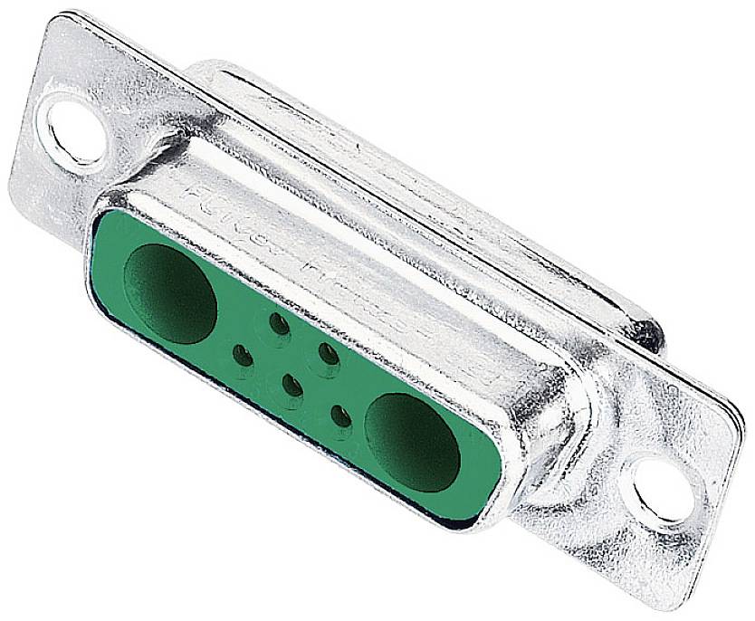 A silver-coloured plug connector with a green insert and multiple connection openings, suitable for electronic devices.