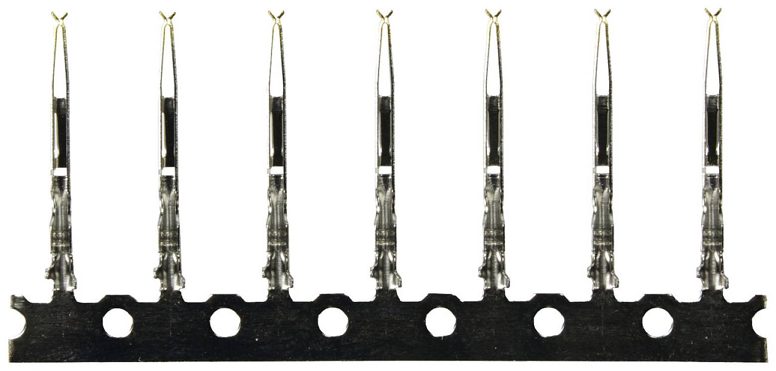 A row of seven metallic connectors on a black strip, positioned vertically pointing upwards.