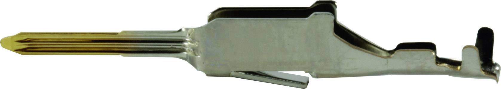 Metallic connector with a gold-coloured connection, side view. Primarily used in electrical devices.