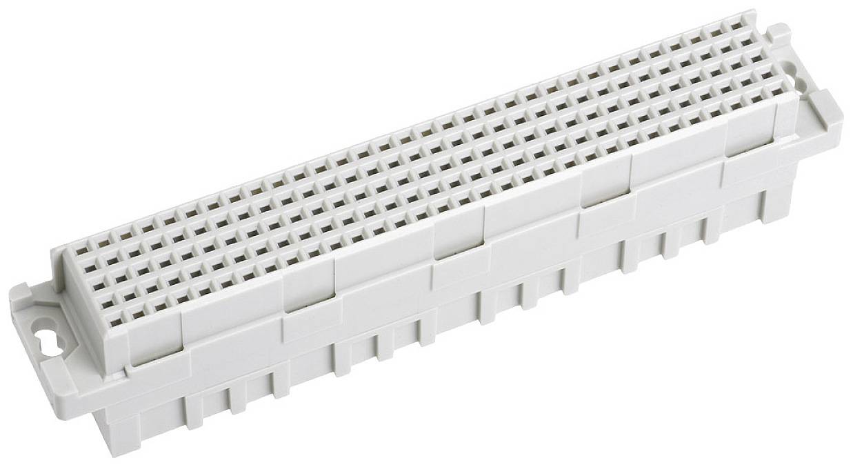 A white electrical connector with multiple rows of terminal blocks, used for connecting printed circuit boards.
