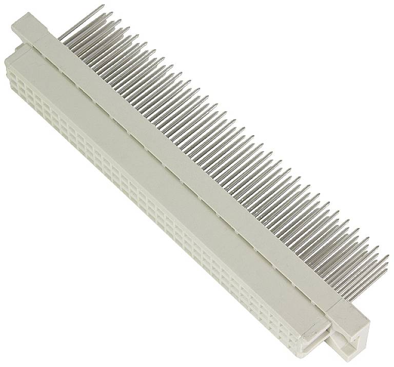 A white plastic connector with numerous metal pins, typically used for electronic circuit boards or computer hardware.
