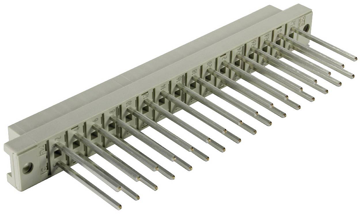 Grey-white electrical connector with multiple long metal pins, suitable for electronic circuit connections.