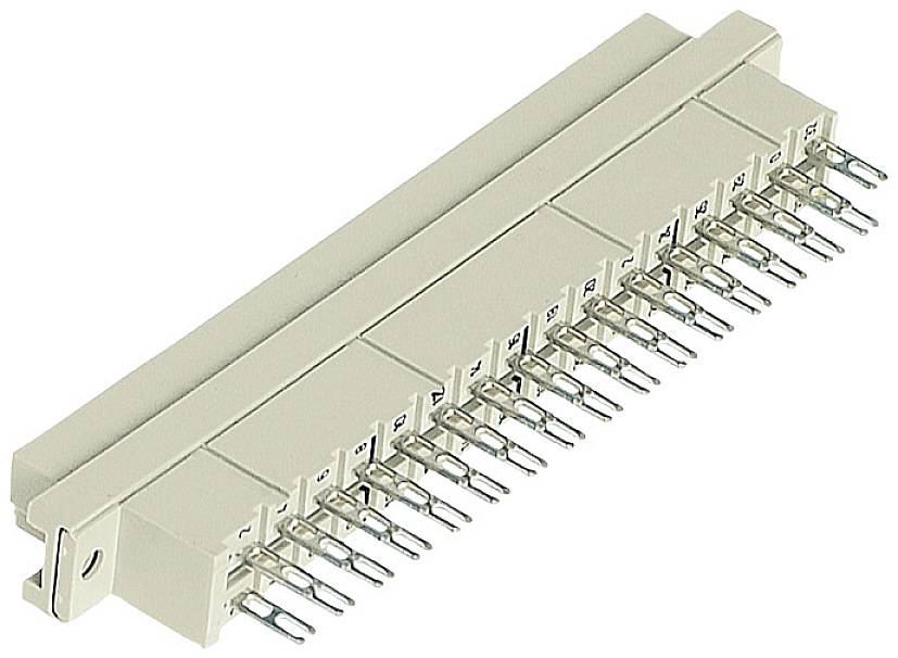 A beige electrical plug with multiple metal pins, typically used for electronic devices or computer connections.