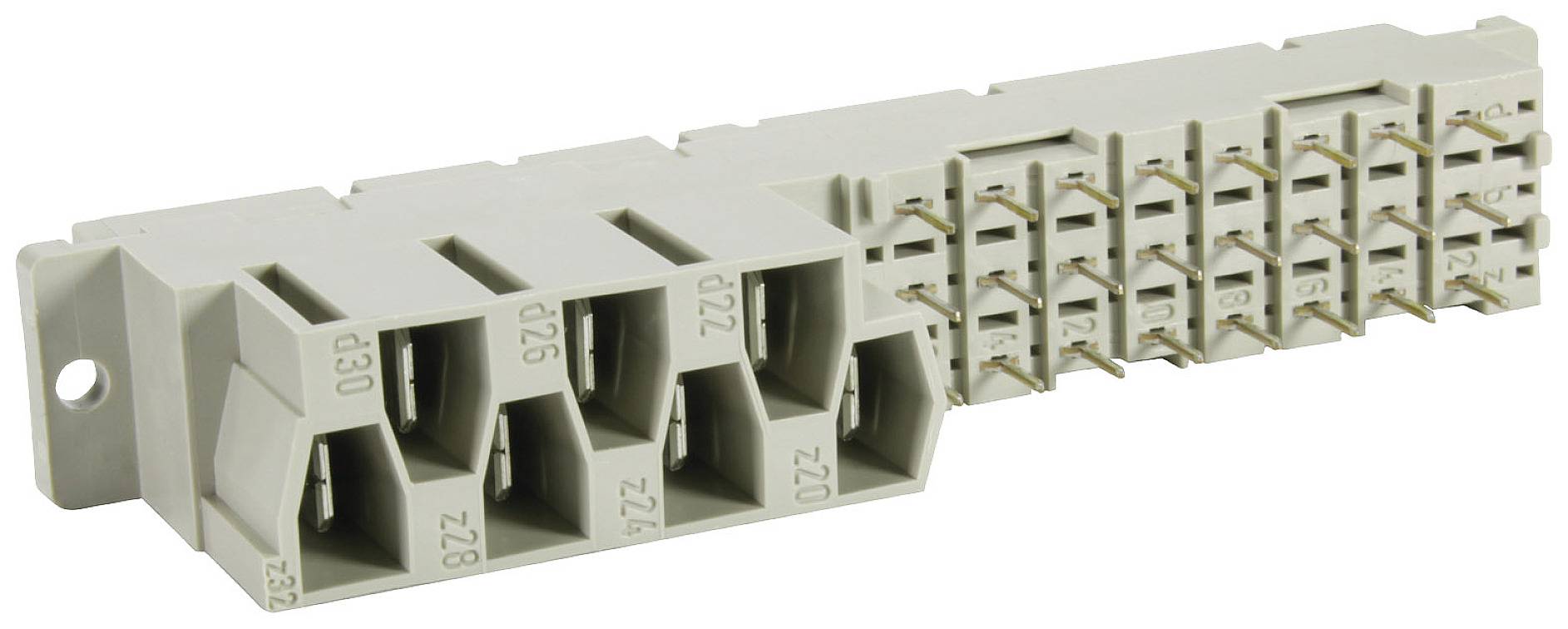 A multi-pole connector in a light colour, positioned sideways, with multiple socket slots and metallic contacts visible.