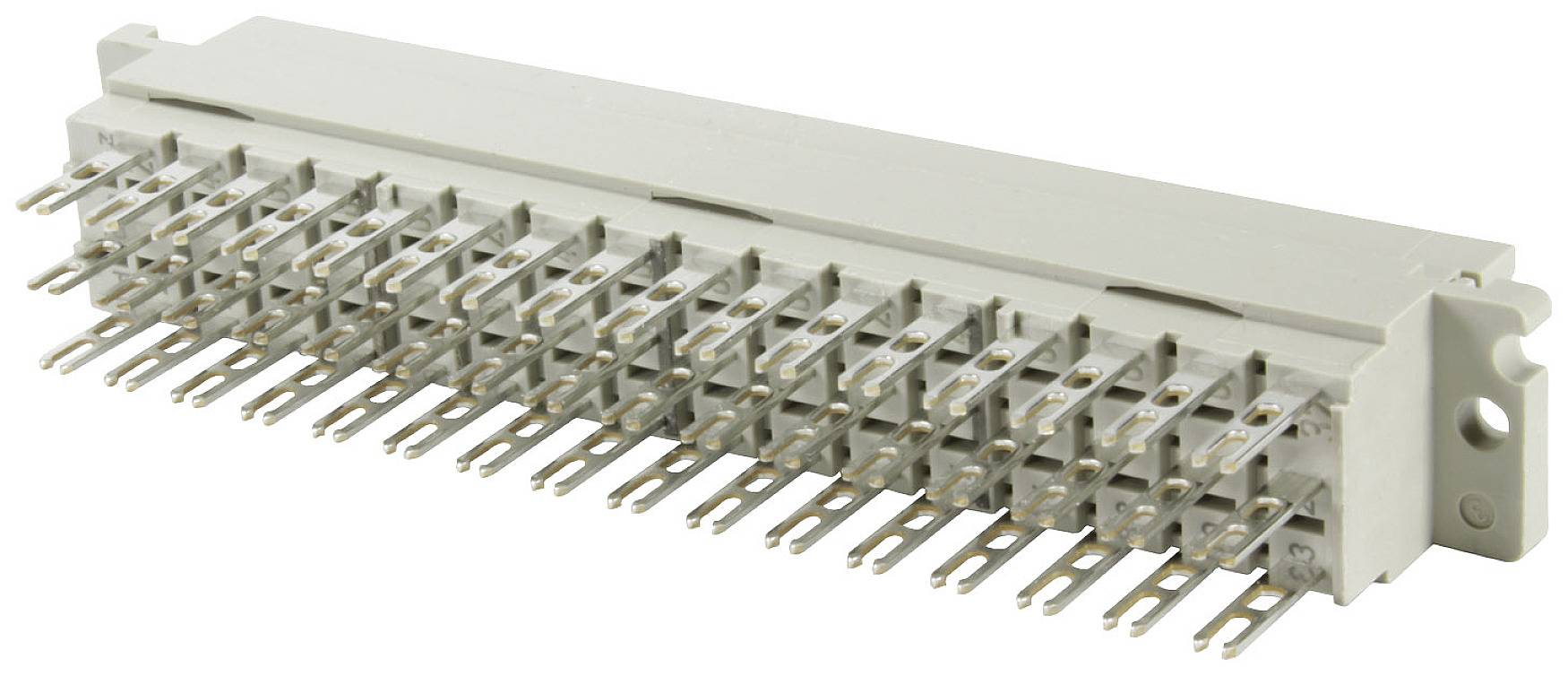 A grey electronic connector with multiple metal pins for electrical connection in technical devices.