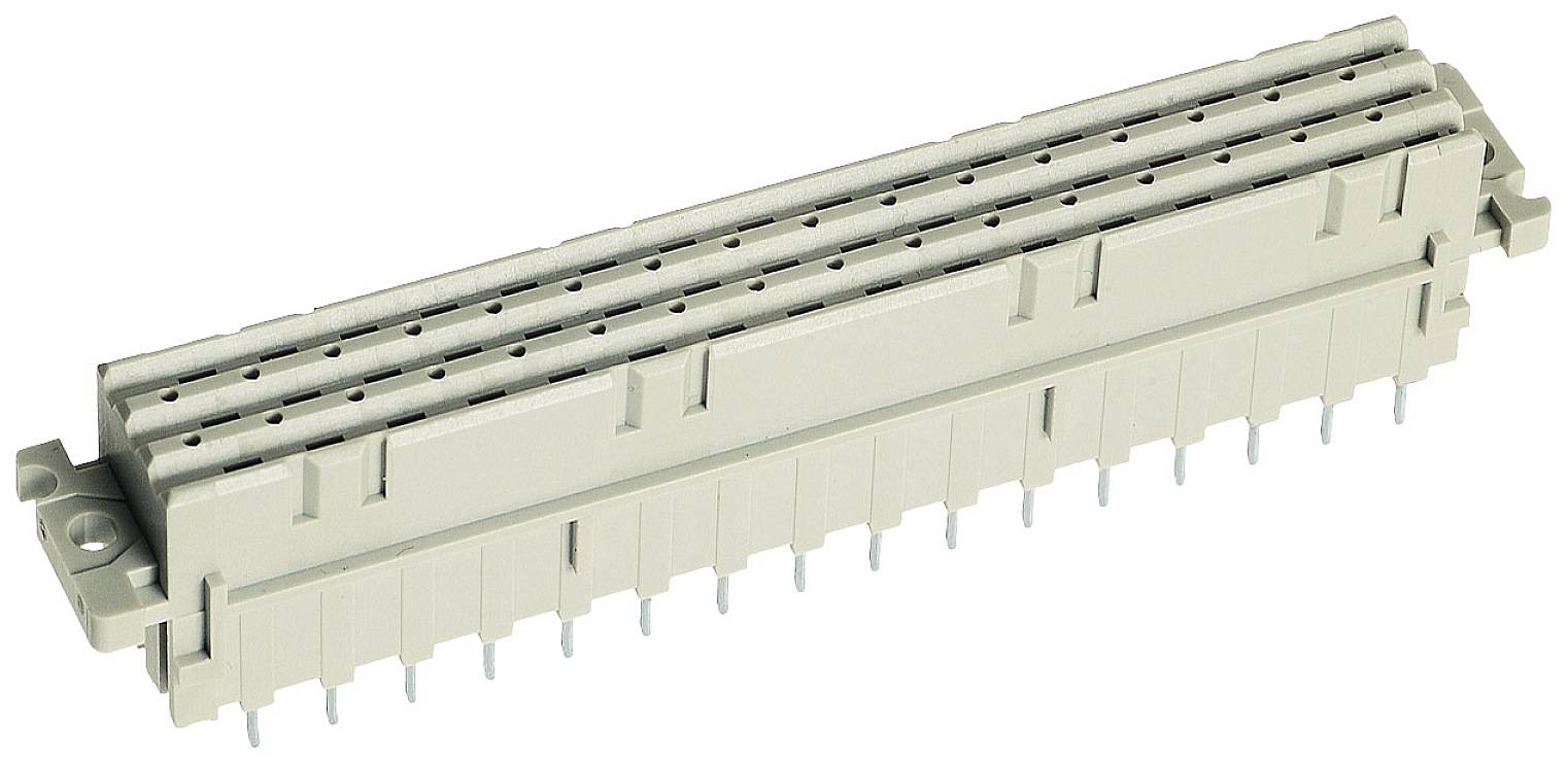 Grey, rectangular electrical connector element with rows of contact pins for mounting on a printed circuit board.