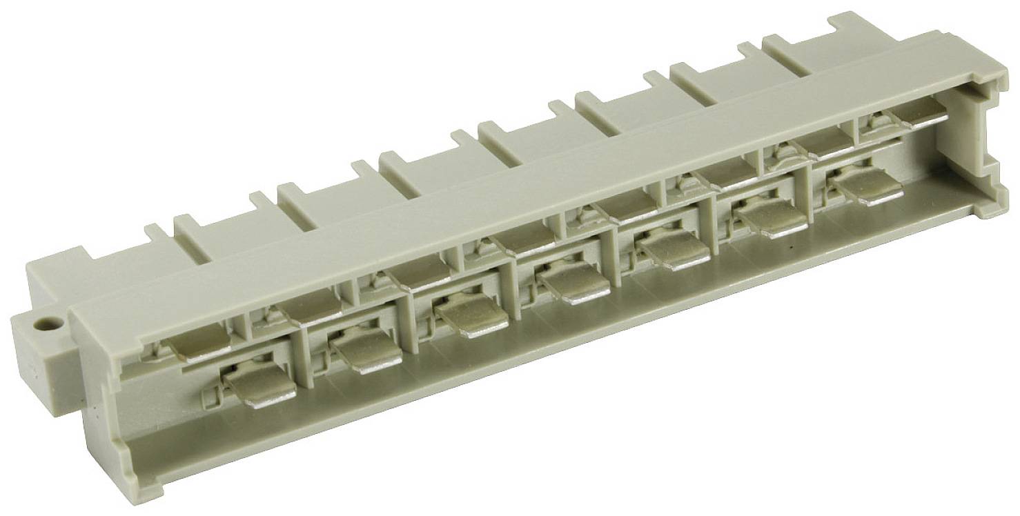 A grey patch panel with eight ports. It is used for organising and connecting network or telephone lines.