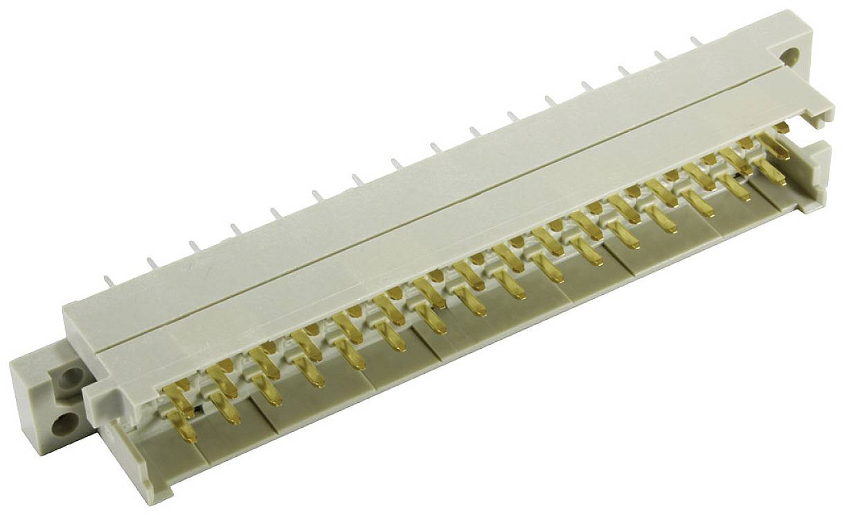A grey electrical connector with golden contact pins, horizontally oriented, against a neutral background.