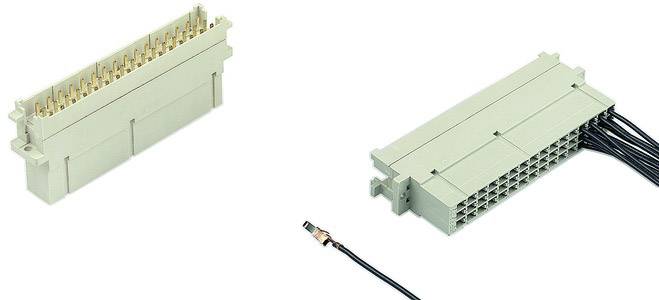 Two connectors with numerous pins, one standing vertically, the other lying horizontally. A single cable is connected to the horizontal connector.