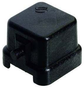 A black, cube-shaped plastic casing with rounded corners, with a small protrusion visible on one side.