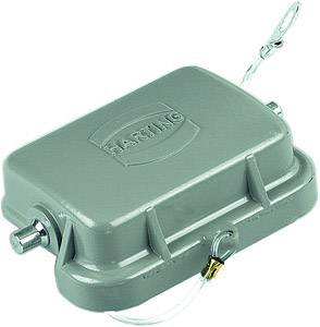 Rectangular, grey Harting connection sleeves with metallic connectors on the left and right, marked with the company logo.