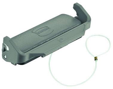 A dark grey, rectangular plastic box with rounded edges and handles at the ends. A thin wire is attached to one corner.