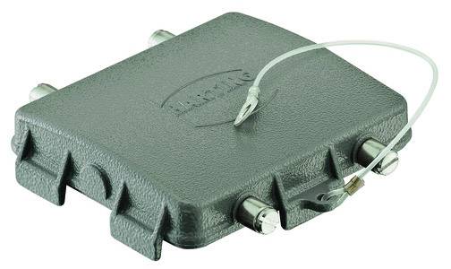 A grey, rectangular metal enclosure with multiple connections and a protective cover.