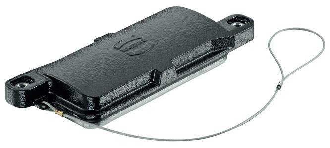 A rectangular, black metal device with rounded corners and an attached wire cable. It looks sturdy and industrial.