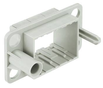 A white plastic enclosure with a rectangular opening and side mounting tabs, likely for electronic connectors.