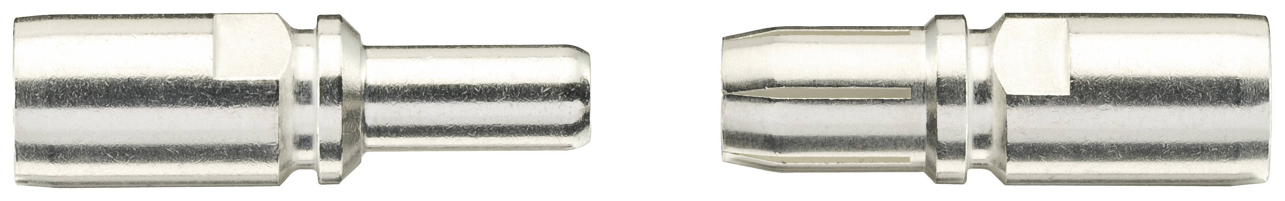 A close-up of two metallic connectors aligned horizontally and used for connecting cables.