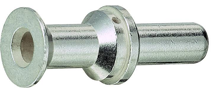 A silver plug connector with a smooth surface, characterised by two cylindrical parts of different diameters.
