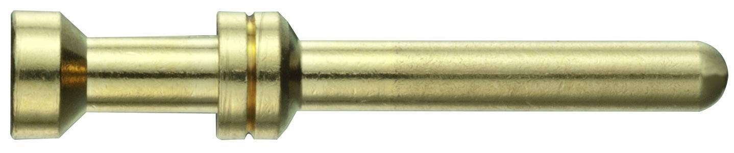 Golden metal pin in cylindrical form, used for electrical connections.