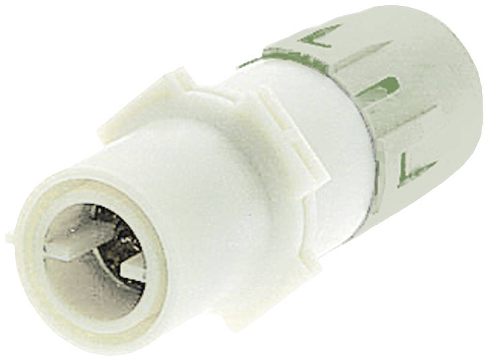 A white and green electrical plug with metal contacts, commonly used for a reliable connection in technical equipment.