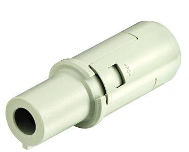 A grey plastic pipe adapter with a cylindrical shape and a sliding sleeve, commonly used in installations.