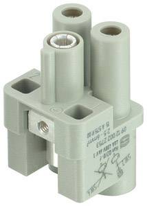 Double terminal block with two round connections, used for securing electrical cables; grey plastic housing.