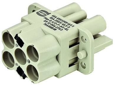 A six-pin plastic connector with side mounting holes, used in electrical systems.