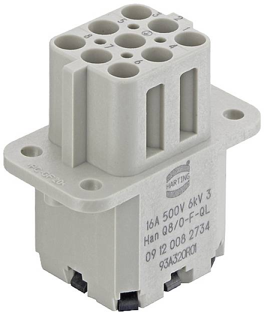 Industrial connector with a grey housing and multiple round socket outlets, suitable for 16A and 500V applications.