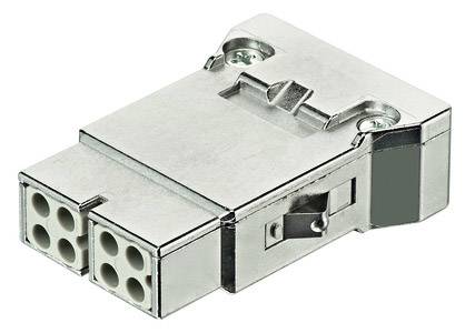 A rectangular, silver electrical connector with six circular sockets and two visible screws on top.