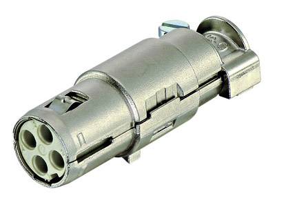 A silver, cylindrical plug with four round sockets at one end, likely for cable connections in electronic devices.