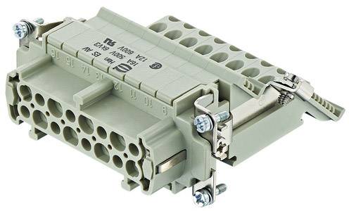A rectangular connector with multiple socket terminals and screw fastenings, used for industrial electrical connections.