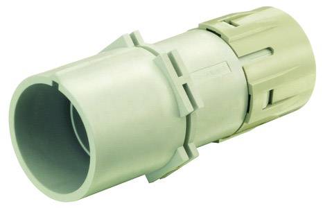 A grey plastic pipe section with a connecting element, potentially a component of a piping system.